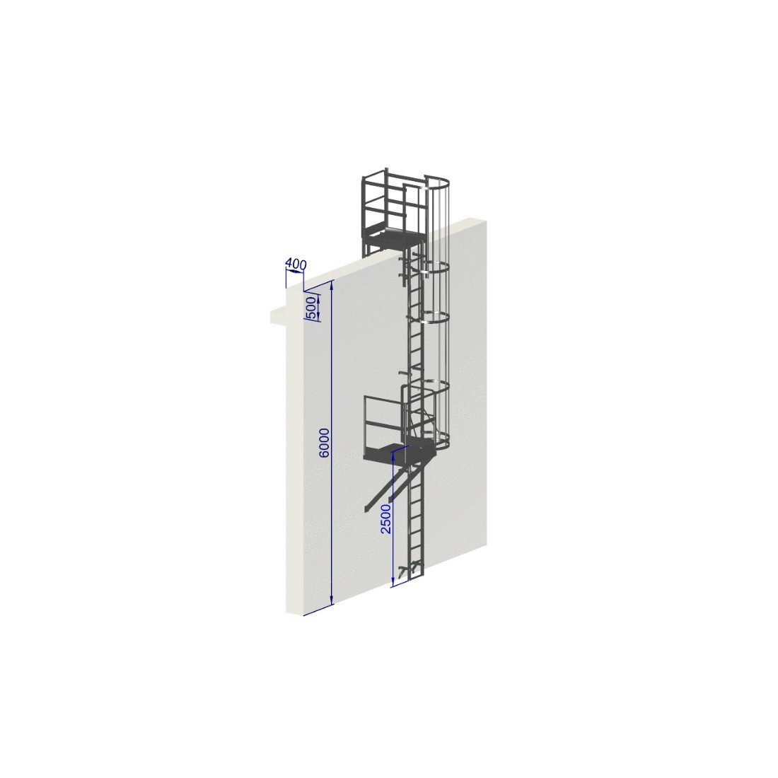 Échelle à crinoline hauteur 6000 mm avec passage d'acrotère NF E85-016